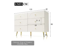 Aparador 120x40x85cm con 6 cajones, patas y tiradores dorados, cuerpo crema