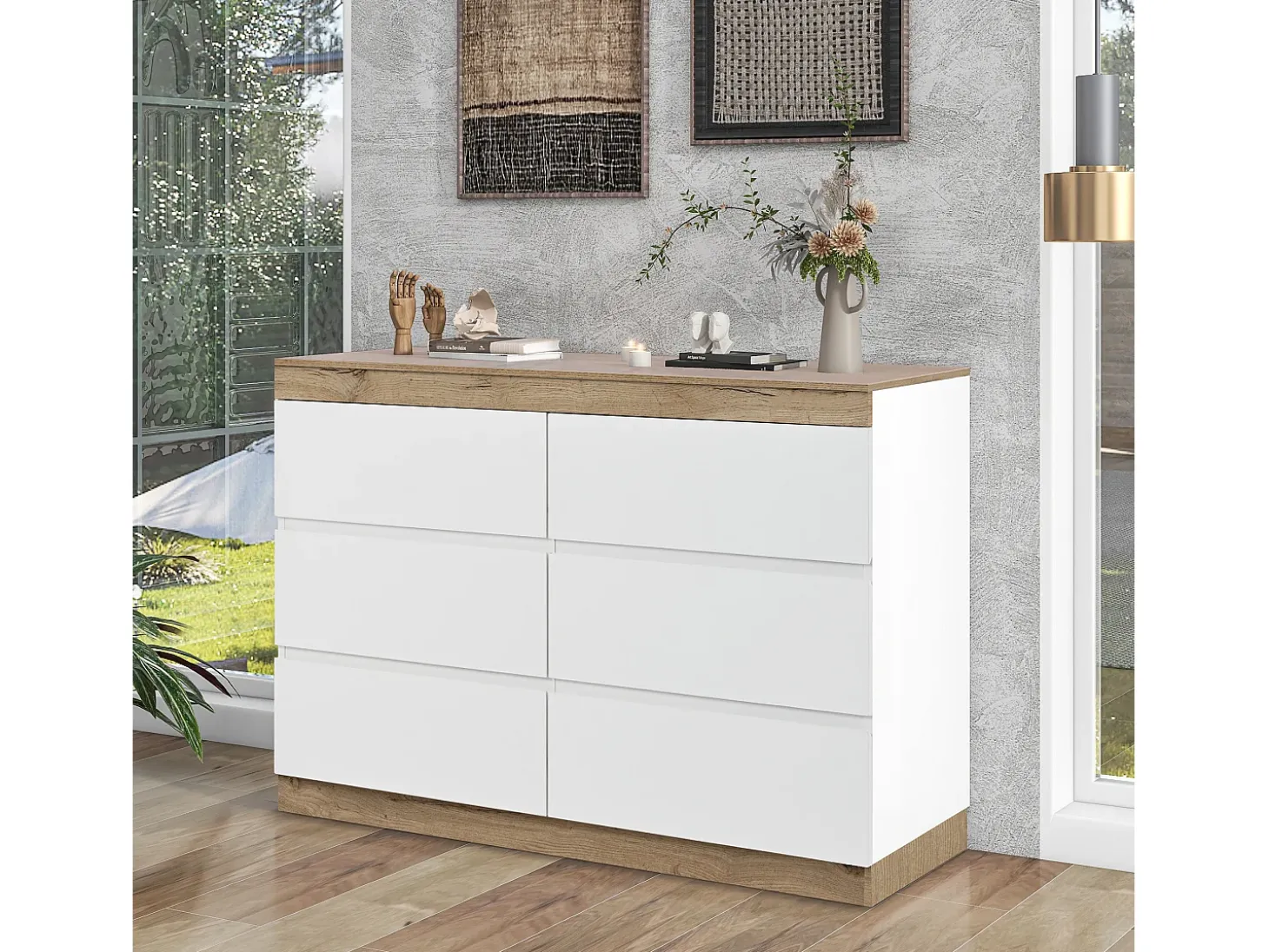 Aparador 110x40x67,5cm con 6 cajones, tapa chapada en roble, cuerpo blanco