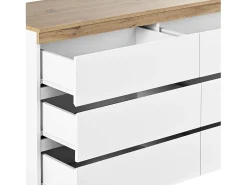 Aparador 110x40x67,5cm con 6 cajones, tapa chapada en roble, cuerpo blanco