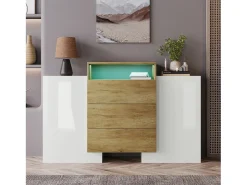 Aparador 140x37,5x90,5cm con 3 cajones y 2 puertas, 1 nicho con LED, cuerpo en madera y chapa blanca