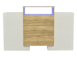 Aparador 140x37,5x90,5cm con 3 cajones y 2 puertas, 1 nicho con LED, cuerpo en madera y chapa blanca