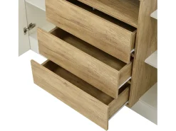 Aparador 140x37,5x90,5cm con 3 cajones y 2 puertas, 1 nicho con LED, cuerpo en madera y chapa blanca