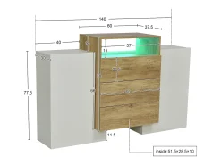Aparador 140x37,5x90,5cm con 3 cajones y 2 puertas, 1 nicho con LED, cuerpo en madera y chapa blanca