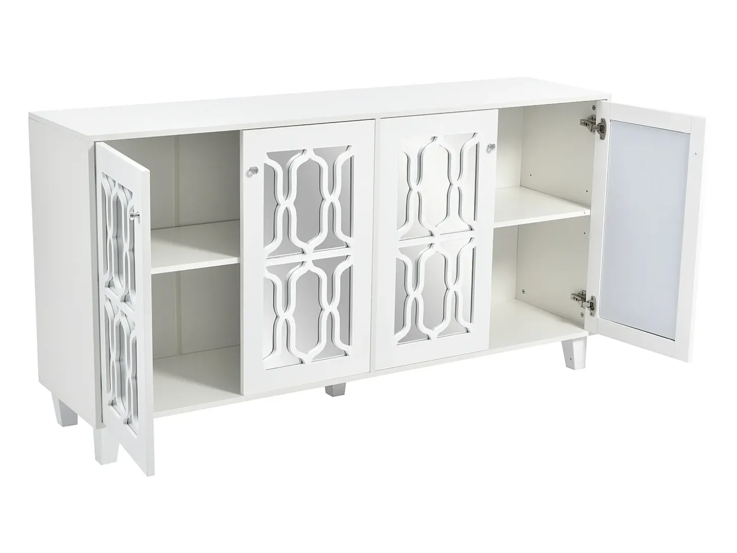 Aparador 160x40x84cm con 4 puertas con espejo, cuerpo lacado en blanco