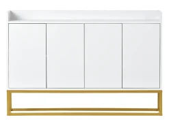 Aparador 120x30x80cm con 4 puertas sin tiradores, patas de metal dorado, cuerpo blanco