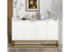Aparador 120x30x80cm con 4 puertas sin tiradores, patas de metal dorado, cuerpo blanco