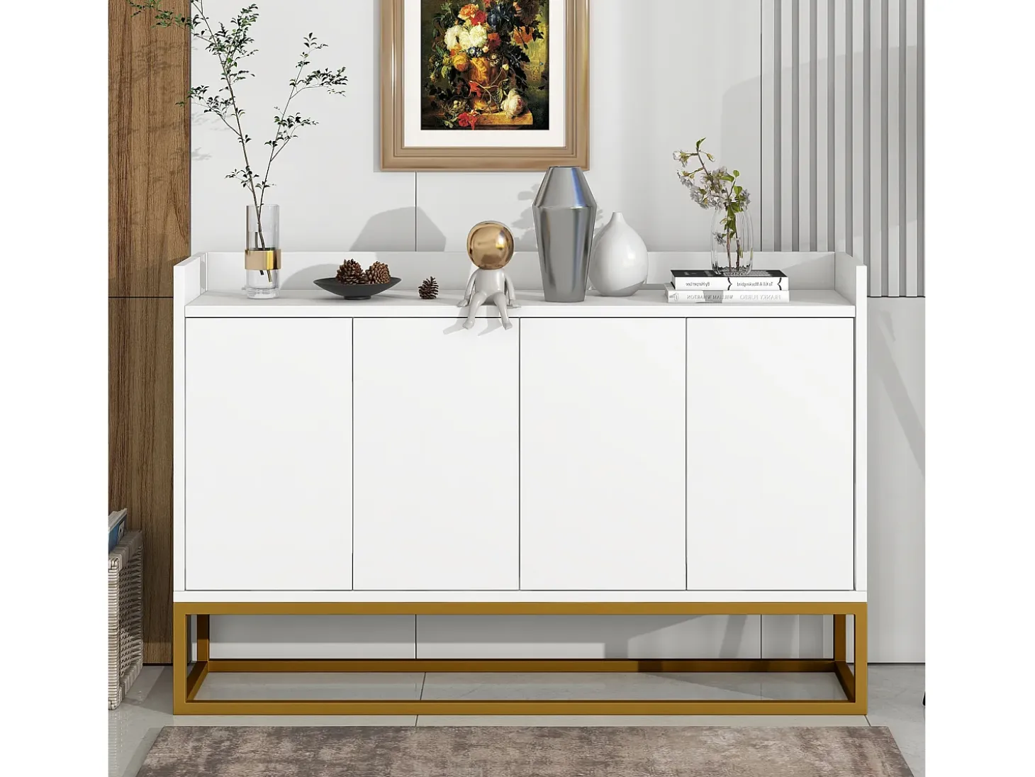 Aparador 120x30x80cm con 4 puertas sin tiradores, patas de metal dorado, cuerpo blanco