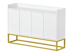 Aparador 120x30x80cm con 4 puertas sin tiradores, patas de metal dorado, cuerpo blanco