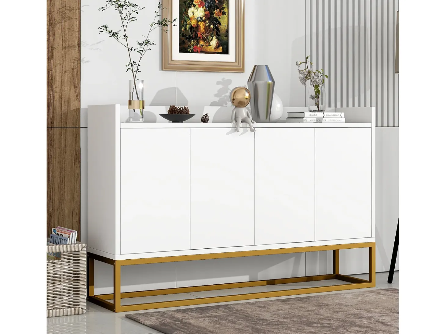 Aparador 120x30x80cm con 4 puertas sin tiradores, patas de metal dorado, cuerpo blanco