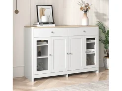 Aparador 120x37x80cm con 4 puertas y 2 cajones, blanco, tapa acabado madera natural
