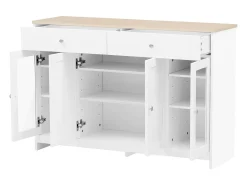 Aparador 120x37x80cm con 4 puertas y 2 cajones, blanco, tapa acabado madera natural