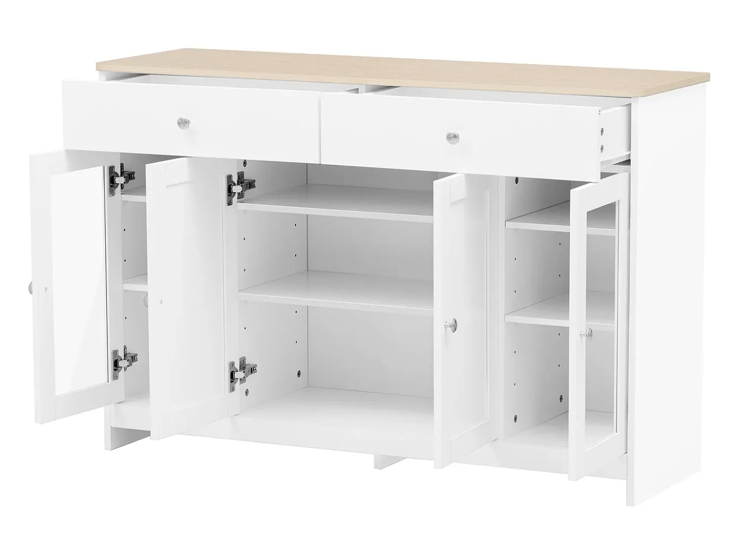Aparador 120x37x80cm con 4 puertas y 2 cajones, blanco, tapa acabado madera natural