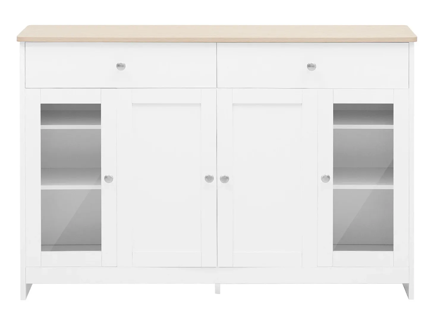 Aparador 120x37x80cm con 4 puertas y 2 cajones, blanco, tapa acabado madera natural