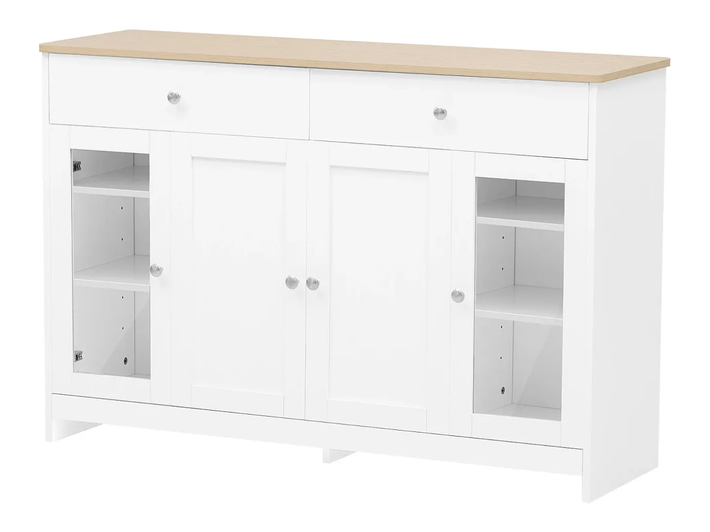 Aparador 120x37x80cm con 4 puertas y 2 cajones, blanco, tapa acabado madera natural