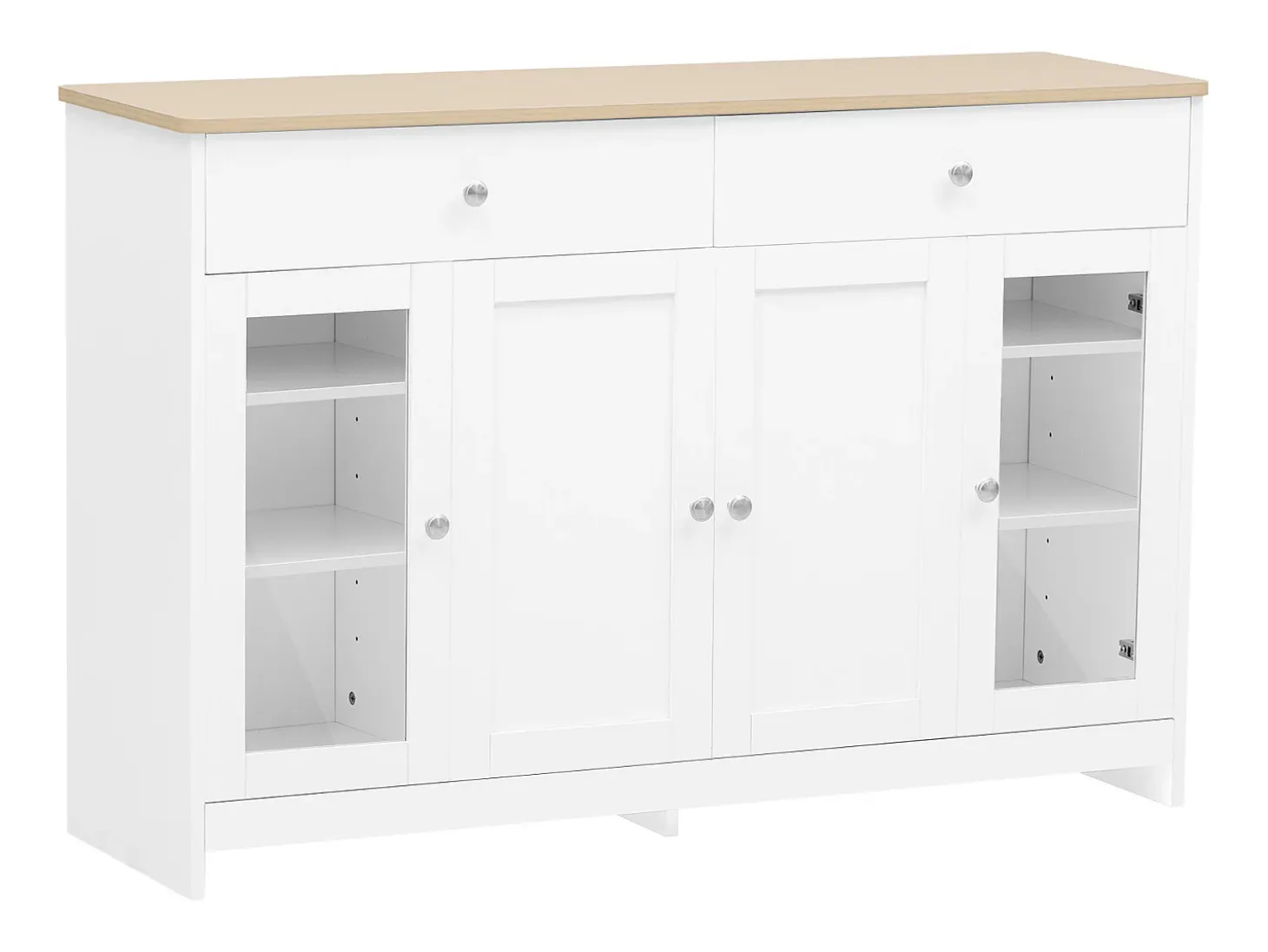 Aparador 120x37x80cm con 4 puertas y 2 cajones, blanco, tapa acabado madera natural