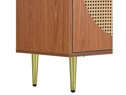 Aparador 129,8x40x76cm con 3 puertas de ratán, cuerpo chapado en nogal y patas doradas