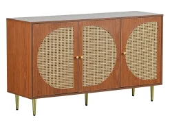Aparador 129,8x40x76cm con 3 puertas de ratán, cuerpo chapado en nogal y patas doradas