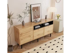Aparador 160x35x76cm con 3 puertas y 1 nicho, patas de metal negro, cuerpo en imitación madera natural claro.