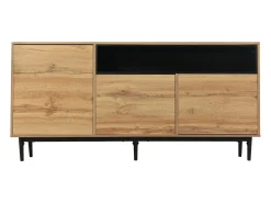 Aparador 160x35x76cm con 3 puertas y 1 nicho, patas de metal negro, cuerpo en imitación madera natural claro.