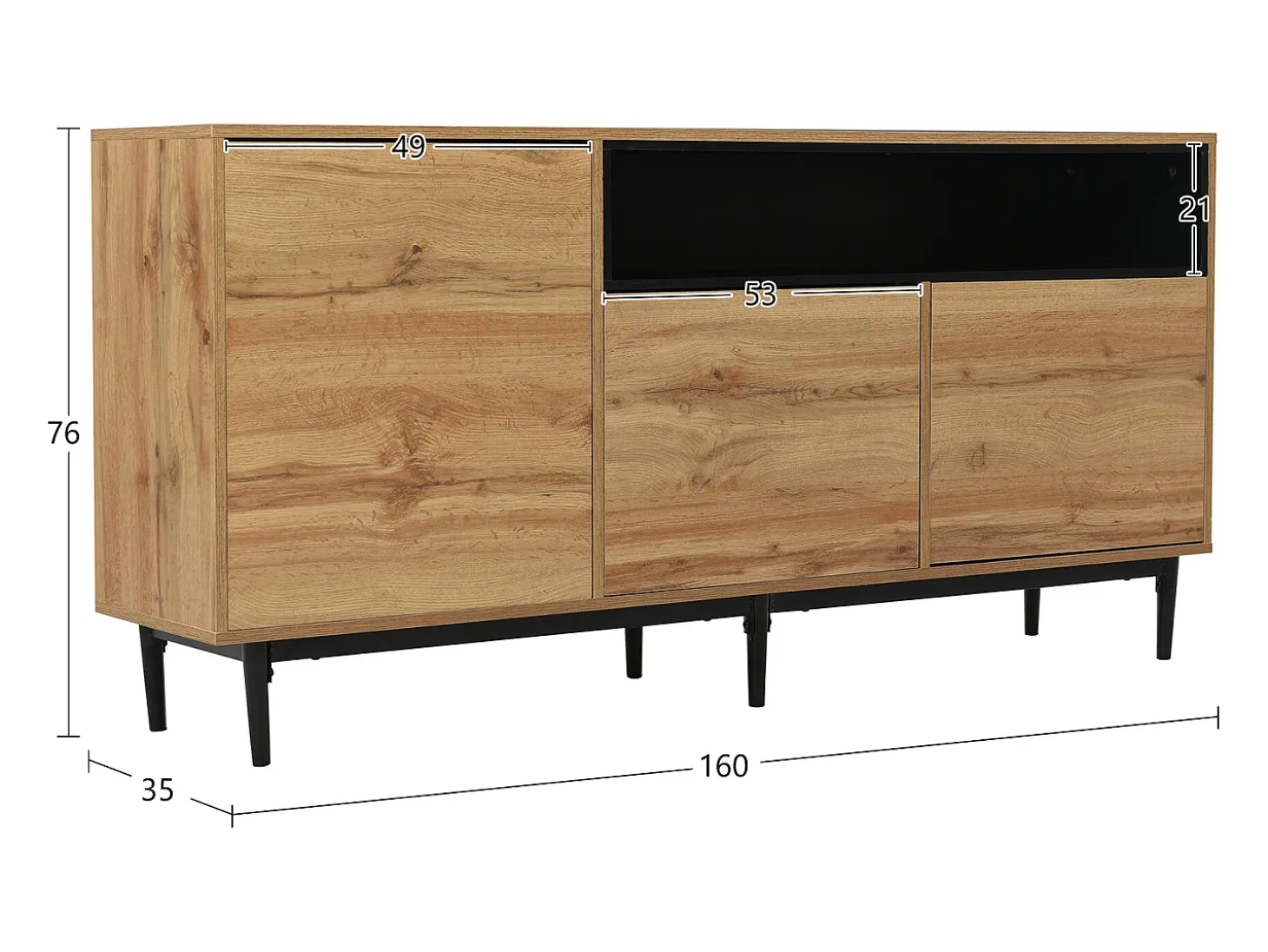 Aparador 160x35x76cm con 3 puertas y 1 nicho, patas de metal negro, cuerpo en imitación madera natural claro.