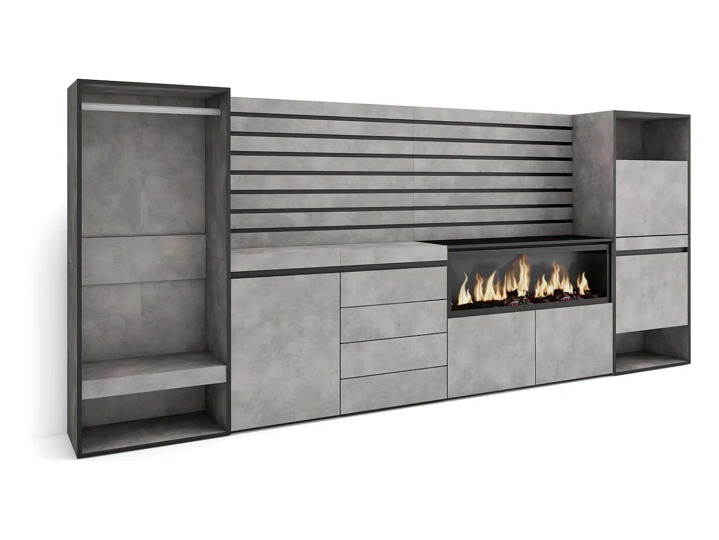 Aparador, 334x35x145cm, Dormitorio, habitación, Chimenea eléctrica XXL, Cómoda, Cajonera, Zapatero, Vestidor abierto, Cemento