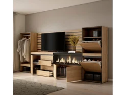 Aparador, 334x35x145cm, Dormitorio, habitación, Chimenea eléctrica XXL, Cómoda, Cajonera, Zapatero, Vestidor abierto, Roble