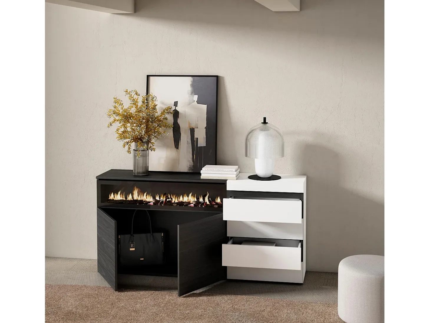 Aparador, 157x35x75cm, Dormitorio, habitación, Chimenea eléctrica, Cómoda, Cajonera, Blanco