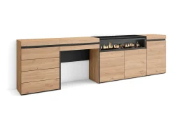 Aparador, 277x35x75cm, Dormitorio, habitación, Chimenea eléctrica, Cómoda, Cajonera, Tocador, Roble