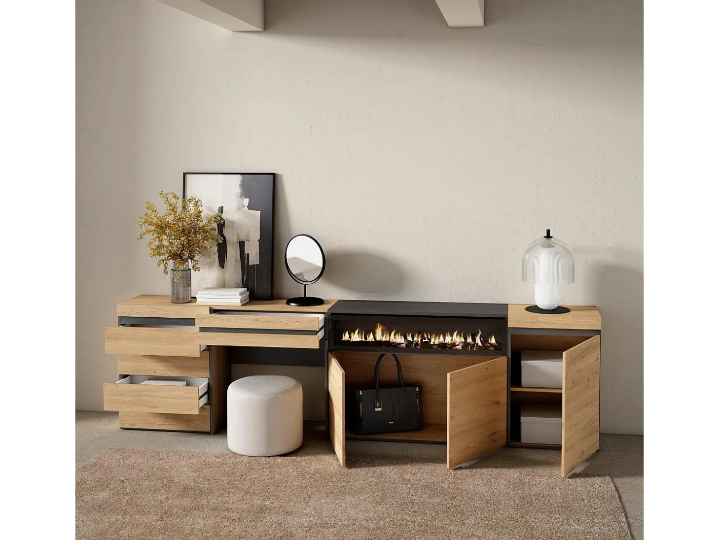 Aparador, 277x35x75cm, Dormitorio, habitación, Chimenea eléctrica, Cómoda, Cajonera, Tocador, Roble