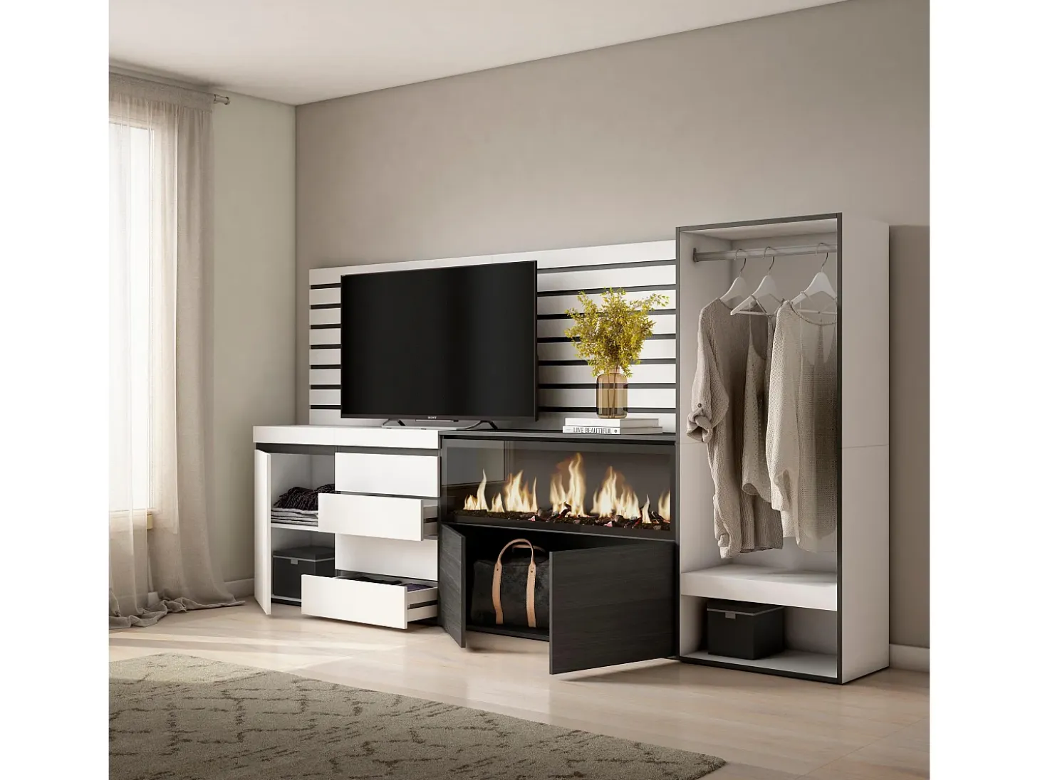 Aparador, 274x35x145cm, Dormitorio, habitación, Chimenea eléctrica XXL, Cómoda, Cajonera, Vestidor abierto, Blanco
