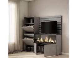 Aparador, 167x35x145cm, Dormitorio, habitación, Chimenea eléctrica XXL, Zapatero, Cemento
