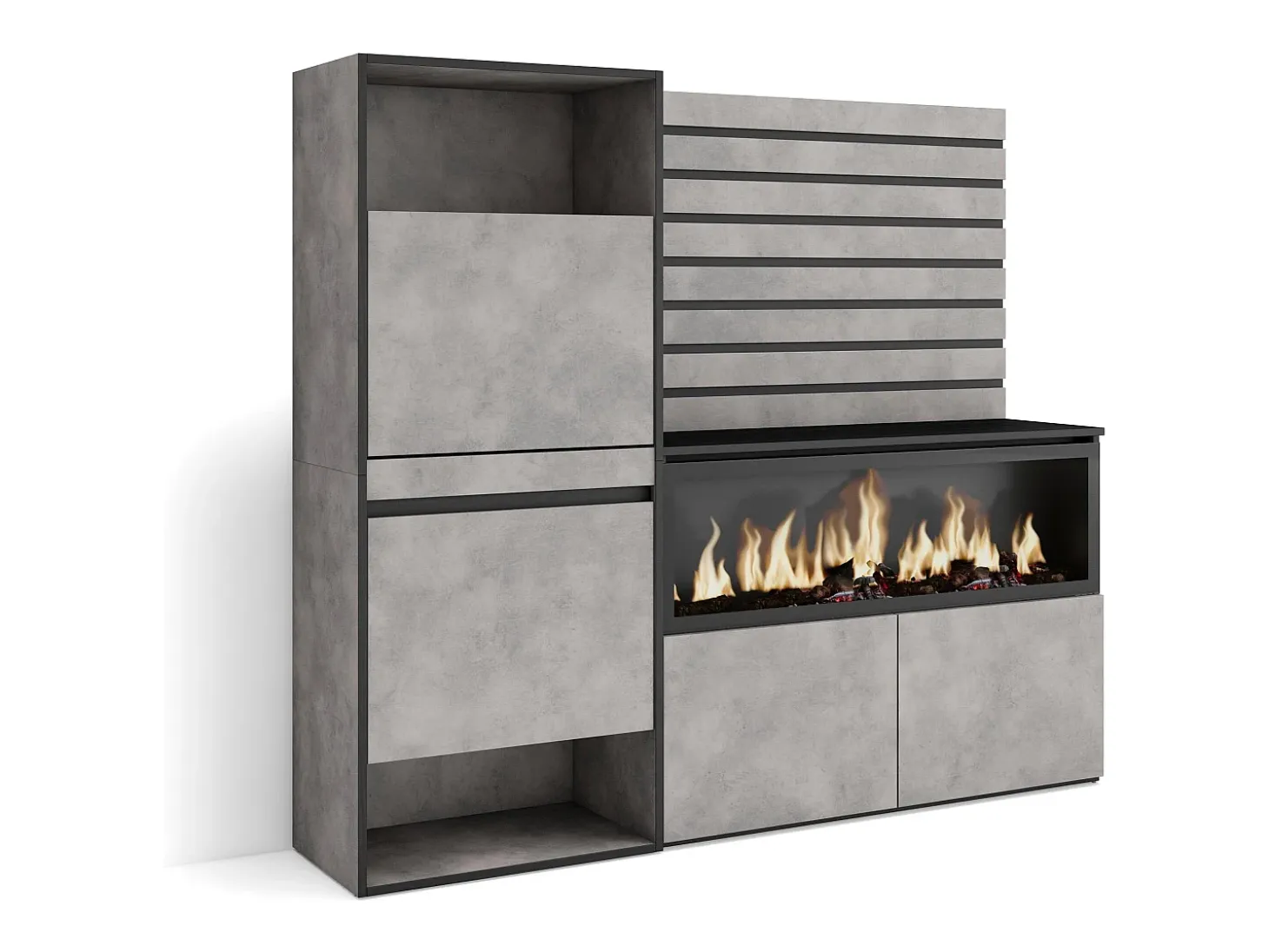 Aparador, 167x35x145cm, Dormitorio, habitación, Chimenea eléctrica XXL, Zapatero, Cemento