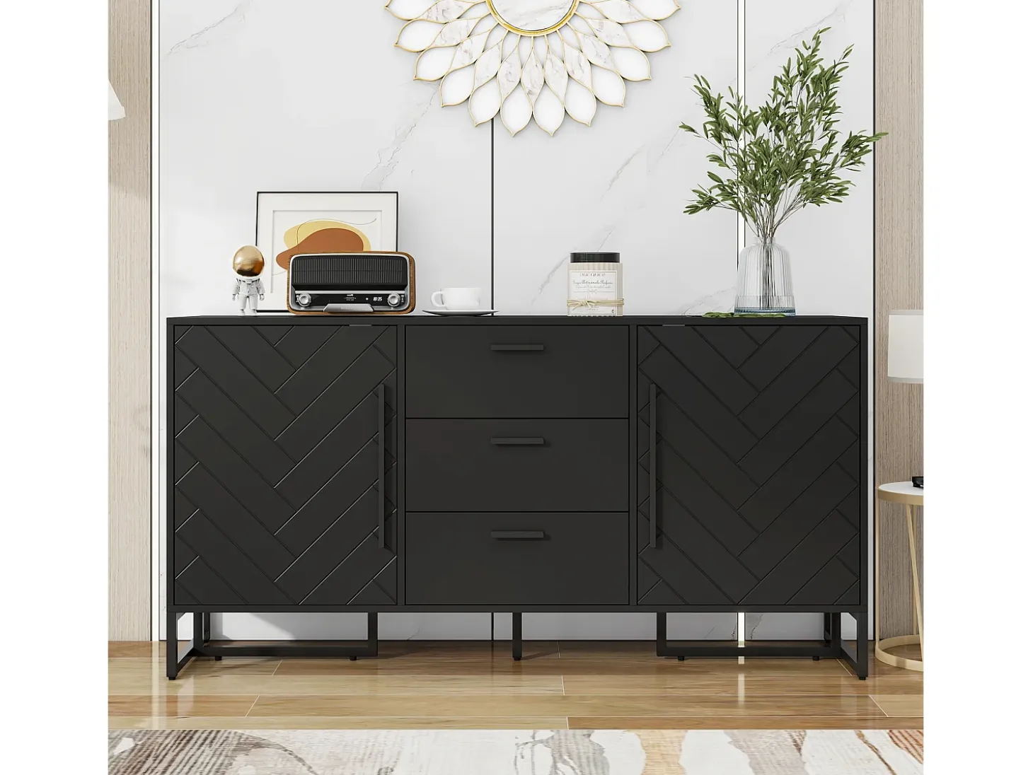 Aparador 145x40x75cm, mueble de almacenaje con 3 cajones y 2 puertas - diseño espiga, color negro