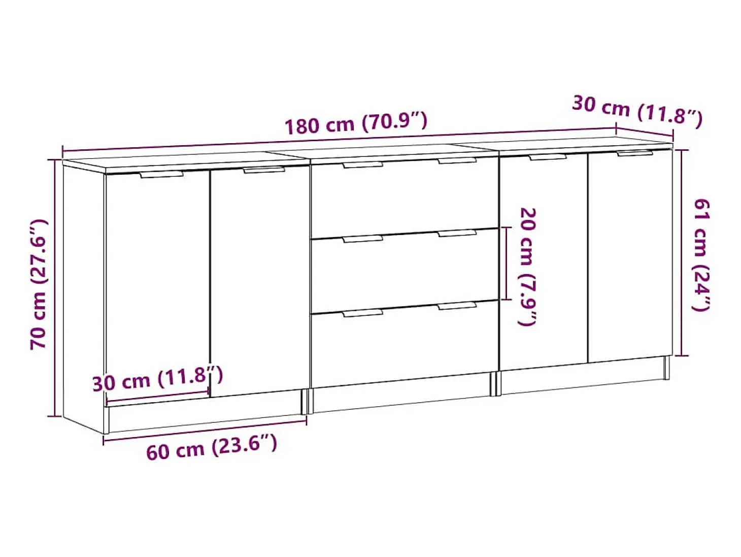 Aparadores 3 piezas madera vieja 60x30x70 cm madera de ingeniería