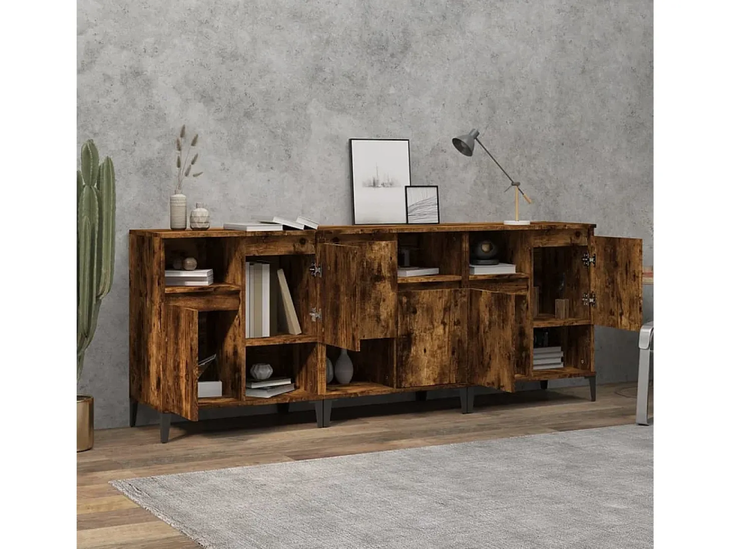 Aparadores 3 uds madera contrachapada roble ahumado 60x35x70 cm ES54264