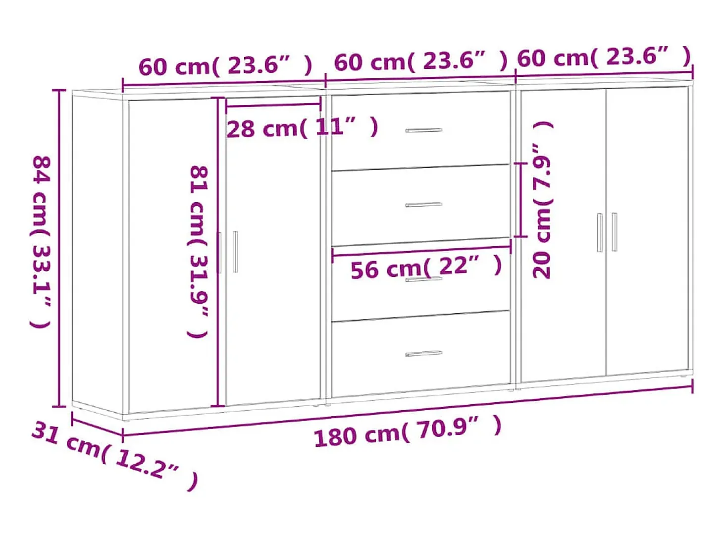 Aparadores 3 uds madera de ingeniería roble ahumado 60x31x84 cm