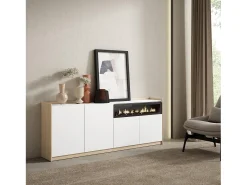 Aparadores para salón, 207x80x37 cm, 4 Puertas, Chimenea eléctrica, Blanco y roble soft
