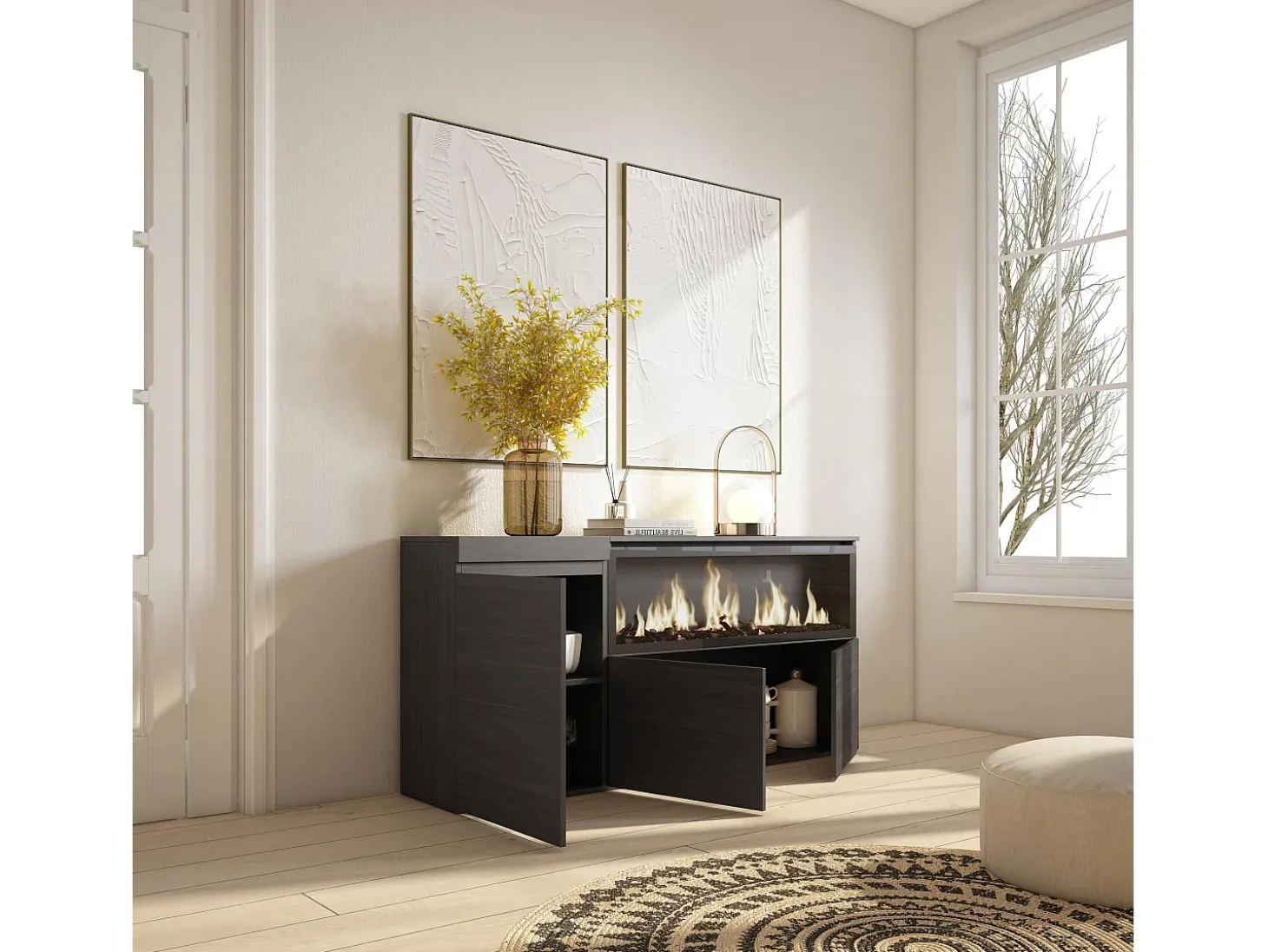 Aparadores para salón, 158x35x75cm, 3 Puertas, Chimenea eléctrica XXL, Negro