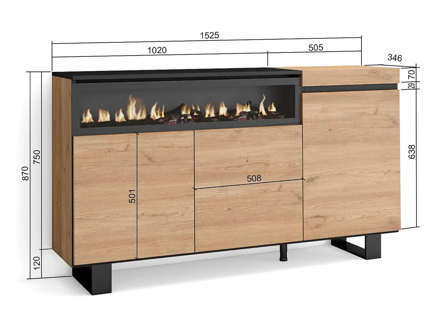Aparadores para salón, 150x35x87cm, 3 Puertas, Chimenea eléctrica, Diseño industrial, Roble y negro