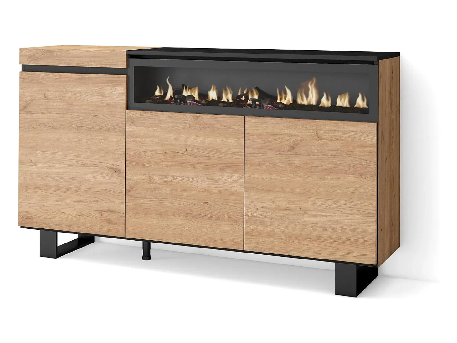 Aparadores para salón, 150x35x87cm, 3 Puertas, Chimenea eléctrica, Diseño industrial, Roble y negro