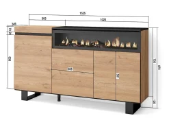 Aparadores para salón, 150x35x87cm, 3 Puertas, Chimenea eléctrica, Diseño industrial, Roble y negro