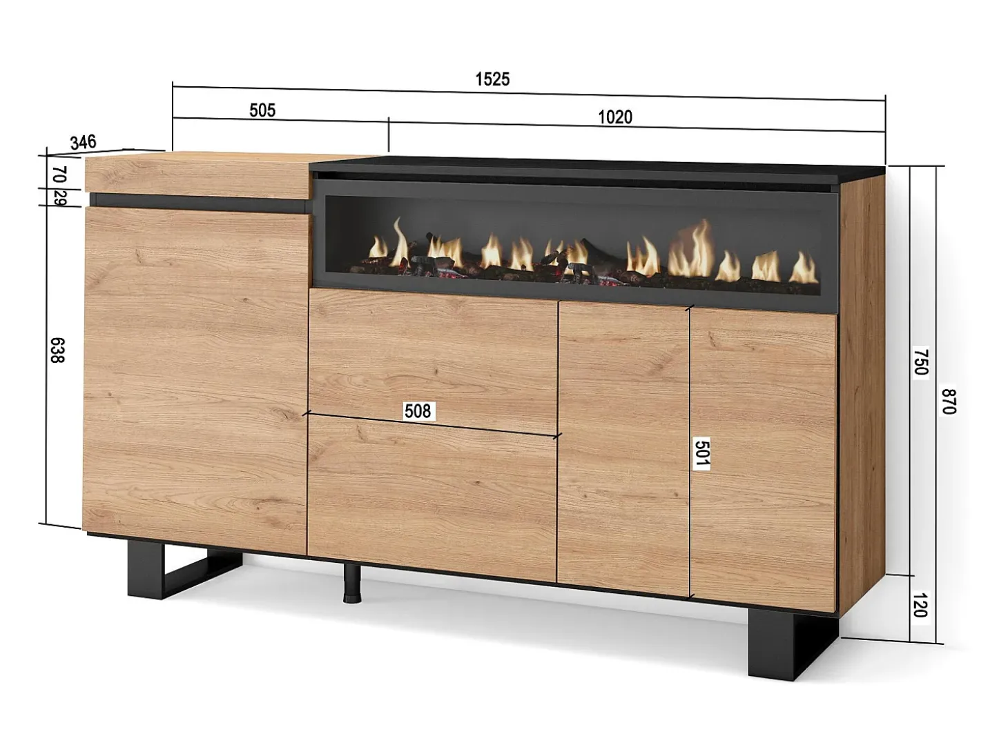 Aparadores para salón, 150x35x87cm, 3 Puertas, Chimenea eléctrica, Diseño industrial, Roble y negro