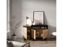 Aparadores para salón, 150x35x87cm, 3 Puertas, Chimenea eléctrica, Diseño industrial, Roble y negro