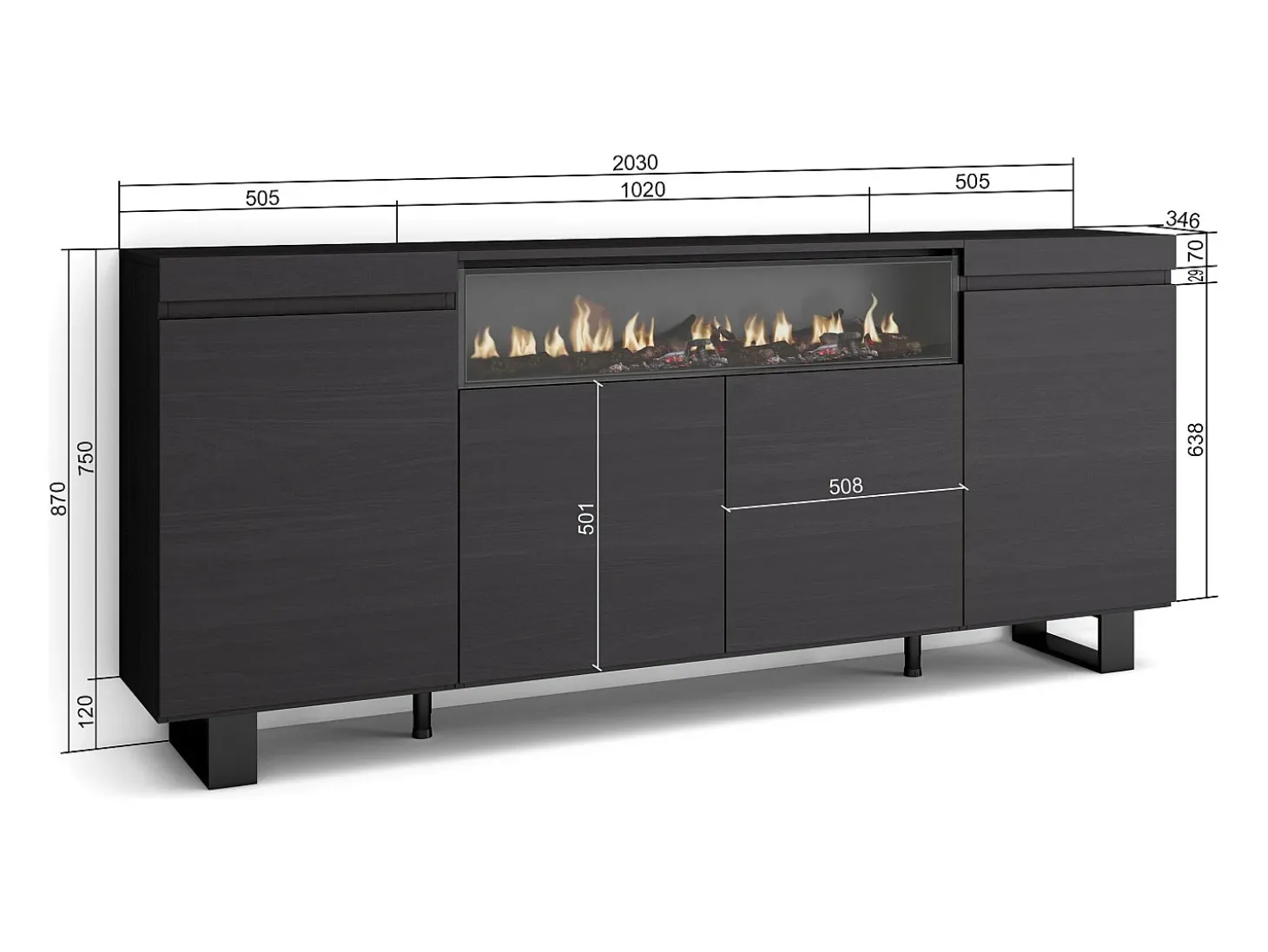 Aparadores para salón, 200x35x87cm, 4 Puertas, Chimenea eléctrica, Diseño industrial, Negro
