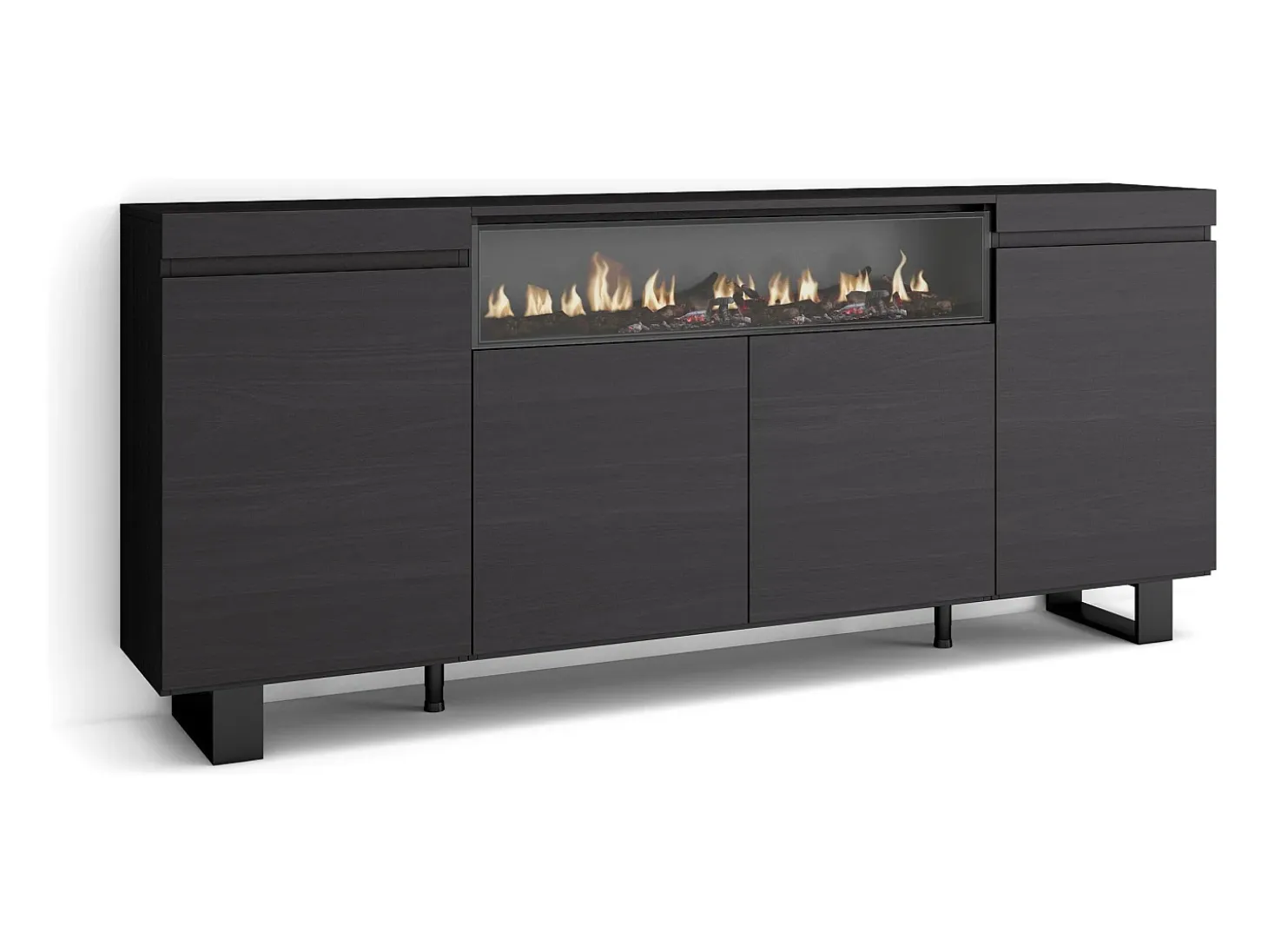 Aparadores para salón, 200x35x87cm, 4 Puertas, Chimenea eléctrica, Diseño industrial, Negro
