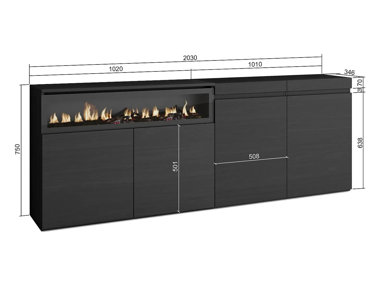 Aparadores para salón, 200x35x75cm, 4 Puertas, Chimenea eléctrica, Negro