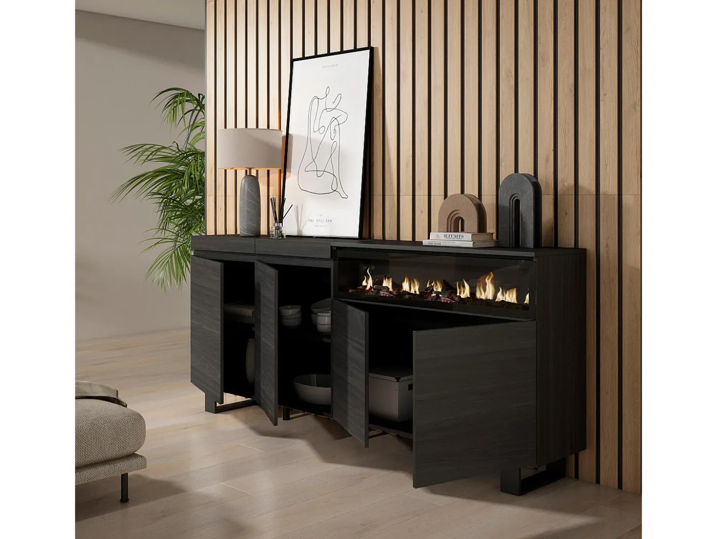 Aparadores para salón, 200x35x87cm, 4 Puertas, Chimenea eléctrica, Diseño industrial, Negro