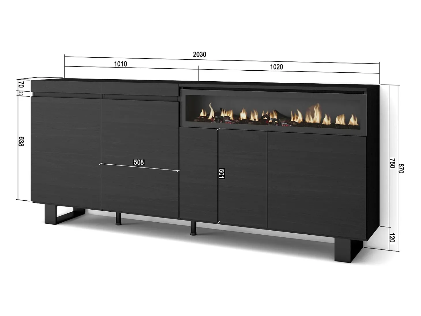 Aparadores para salón, 200x35x87cm, 4 Puertas, Chimenea eléctrica, Diseño industrial, Negro
