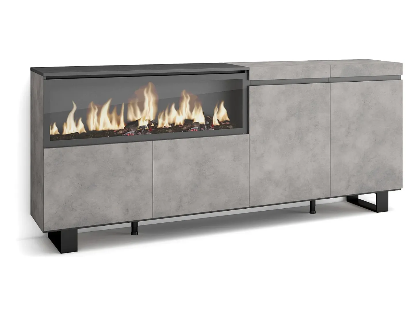 Aparadores para salón, 208x35x87cm, 4 Puertas, Chimenea eléctrica XXL, Diseño industrial, Cemento