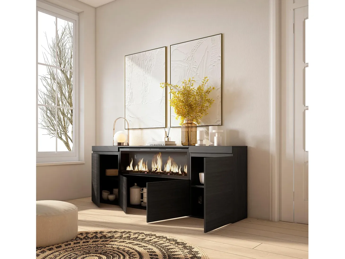 Aparadores para salón, 208x35x75cm, 4 Puertas, Chimenea eléctrica XXL, Negro